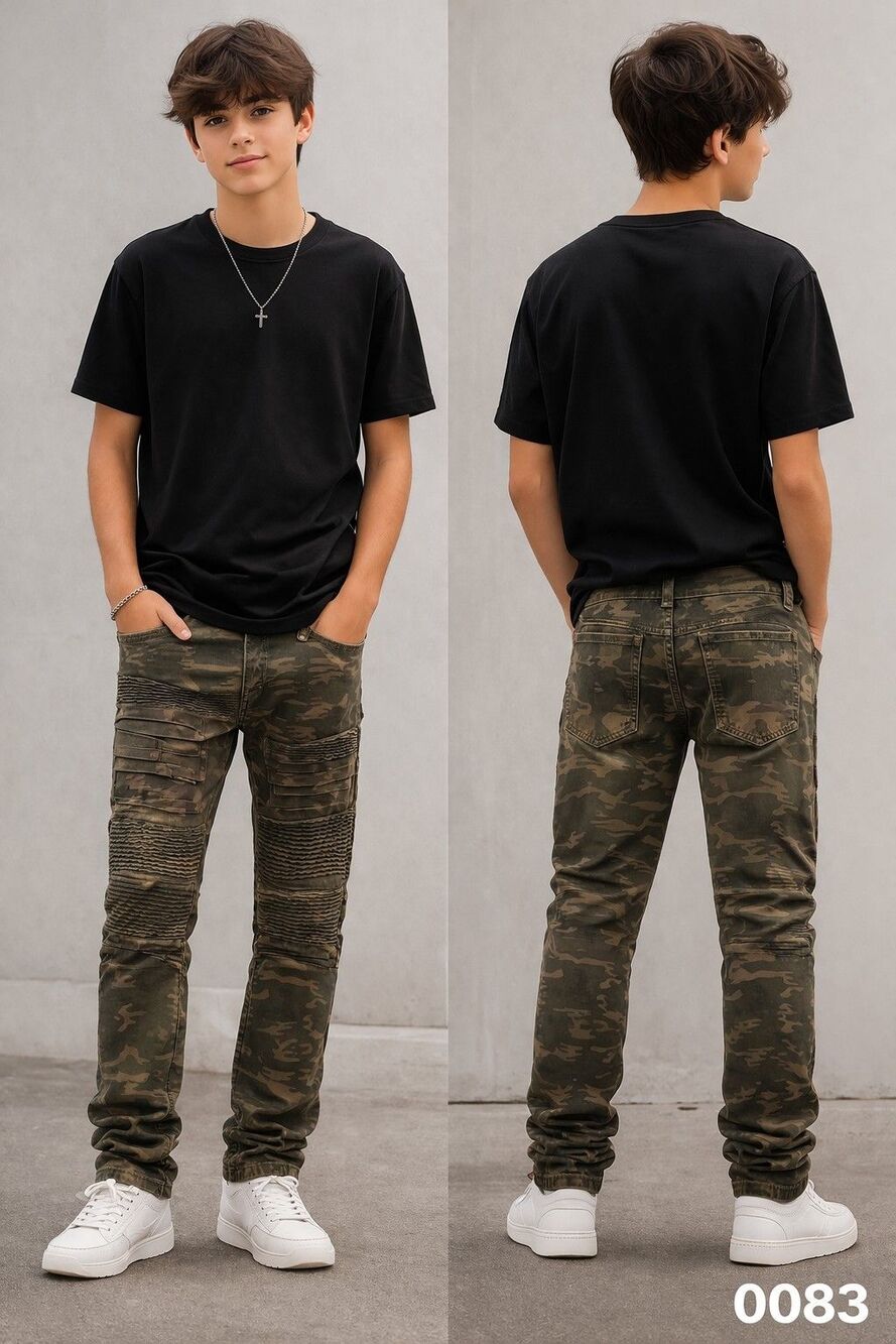 One Point One Boys Camouflage Skinny Jeans With Ribbed Detail & Pockets   0083